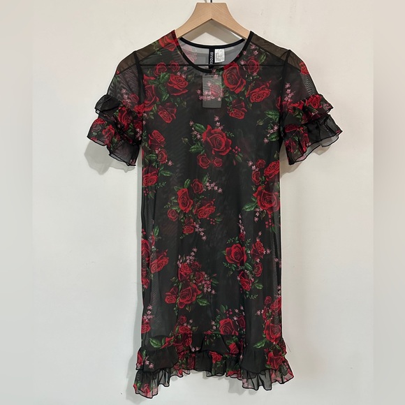 H&M Floral Print Mesh Tiered Ruffle Short Sleeve Dress Size 2 - Picture 1 of 5
